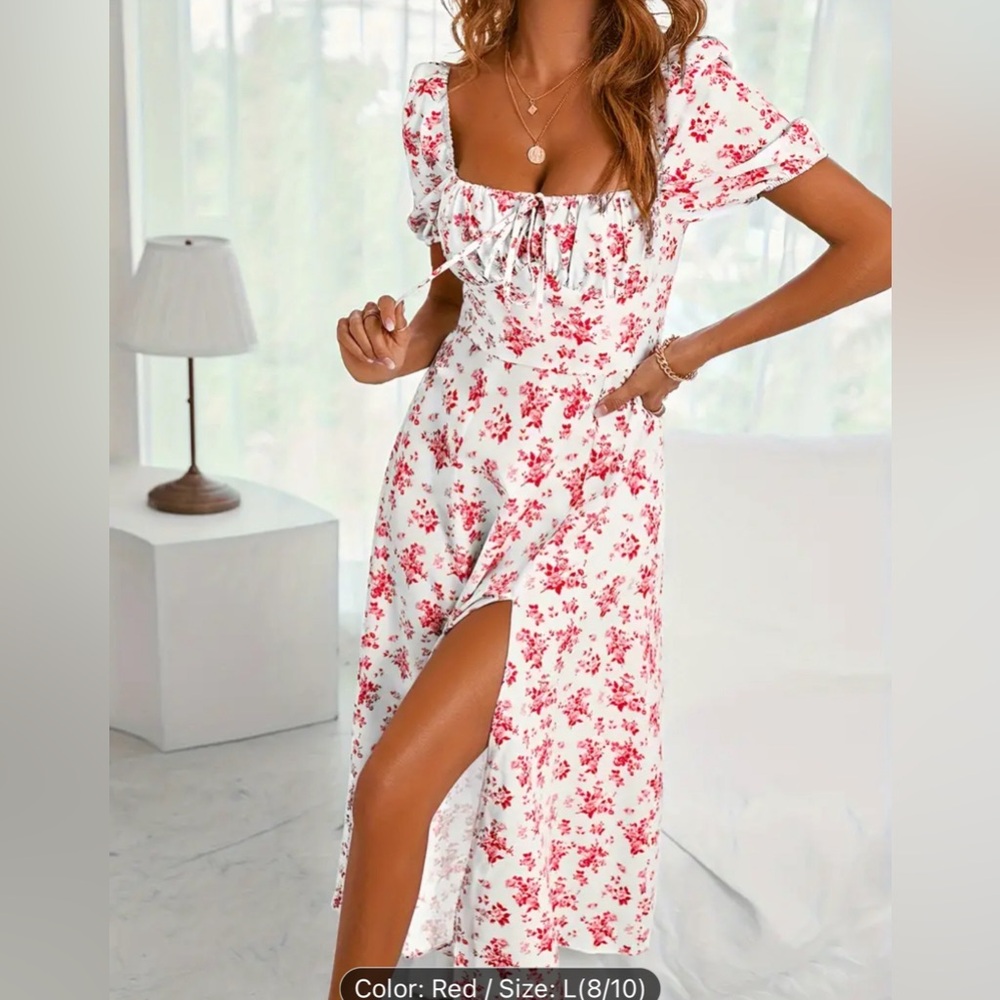 White Maxi Dress with Red Floral Print and Square Neck